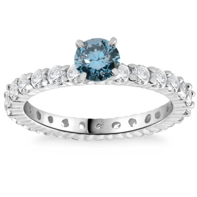 Pompeii3 1 1/3ct Blue & White Diamond Eternity Engagement Ring 14k White Gold