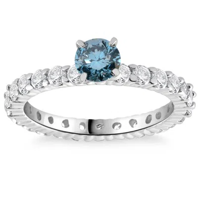 Pompeii3 1 1/3ct Blue & White Diamond Eternity Engagement Ring 14k White Gold