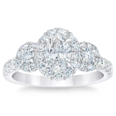 Pompeii3 1 1/3ct Oval Halo 3-stone Diamond Engagement Ring In 10k White Gold Lab Grown In Multi
