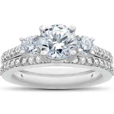 Pompeii3 1 1/4 Ct 3-stone Lab Created Diamond Engagement Ring Wedding Band 14k White Gold In Green