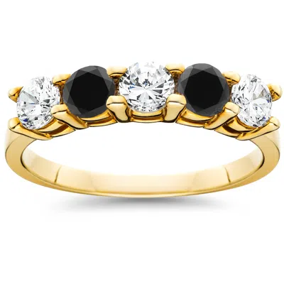 Pompeii3 1 1/4ct Black & White Diamond 5 Stone Wedding Ring 10k Yellow Gold In Multi