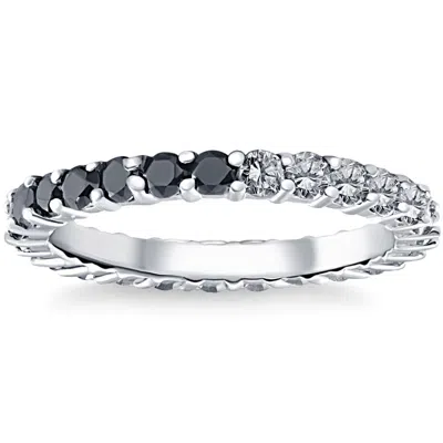 POMPEII3 1 1/4CT BLACK & WHITE DIAMOND ETERNITY STACKABLE WEDDING RING 10K WHITE GOLD
