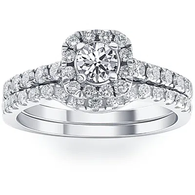 Pompeii3 1 1/4ct Cushion Halo Diamond Engagement Matching Wedding Ring Set 14k White Gold In Multi