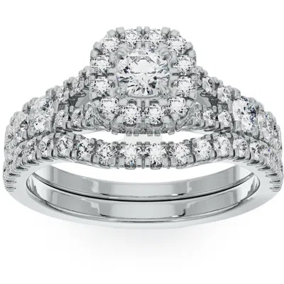 Pompeii3 1 1/4ct Cushion Halo Diamond Engagement Wedding Ring Set In White Or Yellow Gold In Silver