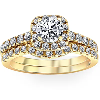 Pompeii3 1 1/4ct Diamond Cushion Halo Engagement Wedding Ring Set 10k Yellow Gold In Silver