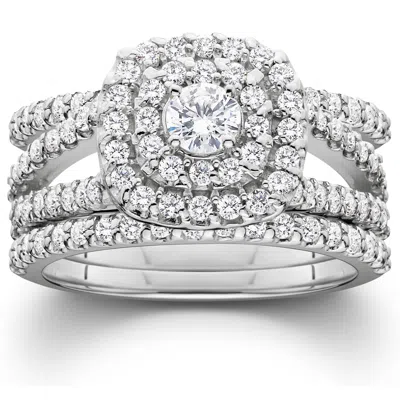 Pompeii3 1 1/4ct Diamond Engagement Cushion Halo Wedding Ring Trio Set 10k White Gold In Silver