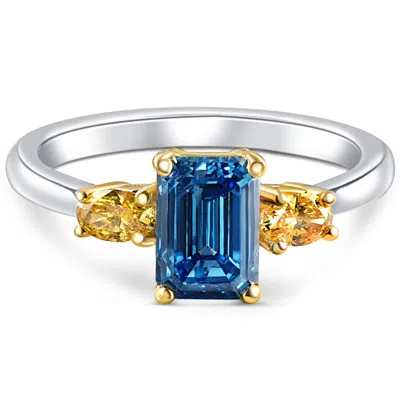 Pompeii3 1 1/4ct Fancy Blue & Yellow Diamond Engagement Three Stone Emerald Ring 14k Gold In Multi