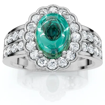 Pompeii3 1 1/5ct Diamond Halo & Oval Emerald Cabochon Ring 10k Gold In Metallic