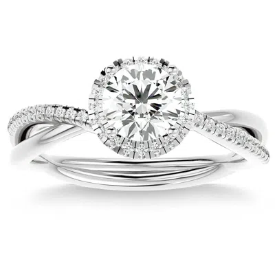 Pompeii3 1 1/5ct Tw Moissanite & Diamond Halo Crossover Engagement In Ring 10k Gold In Silver