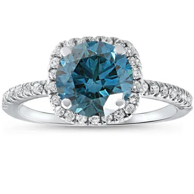 Pompeii3 1 3/4 Ct Blue Diamond Cushion Halo Engagement Ring 14k White Gold Lab Grown In Orange
