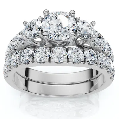 Pompeii3 1 3/4ct 3-stone Diamond Engagement Wedding Ring Set 14k Gold Or Pt Lab Grown In Silver