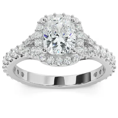 Pompeii3 1 3/4ct Cushion Cut Diamond Halo Split Shank Engagement Ring 14k White Gold In Silver