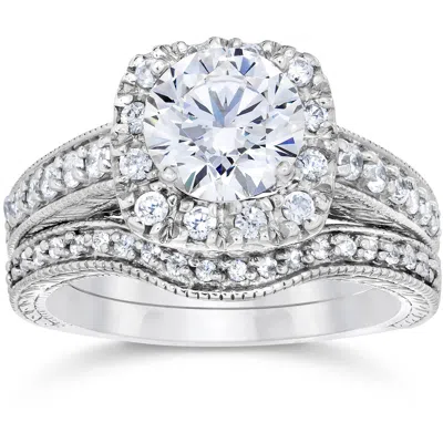 Pompeii3 1 3/4ct Cushion Diamond Vintage Halo Engagement Ring Set 14k White Gold In Multi