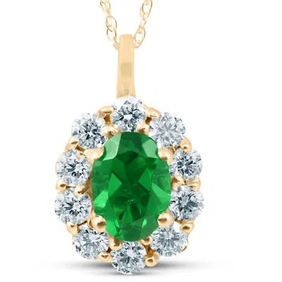 Pompeii3 1 3/4ct Emerald & Genuine Diamond Halo Pendant 14k Yellow Gold In Multi