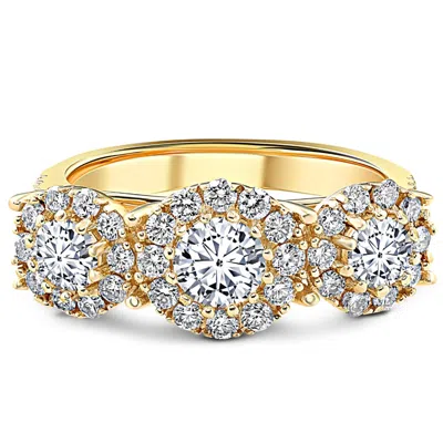 Pompeii3 1 3/8 Ct Diamond Three Stone Halo Pave Engagement Ring Yellow Gold In Multi