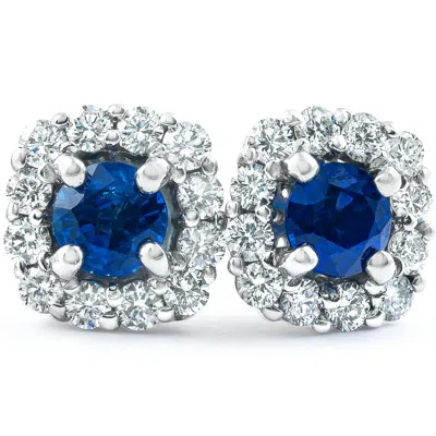 Pompeii3 1 3/8 Ct Genuine Blue Sapphire & Diamond Cushion Halo Studs 14k White Gold In Multi