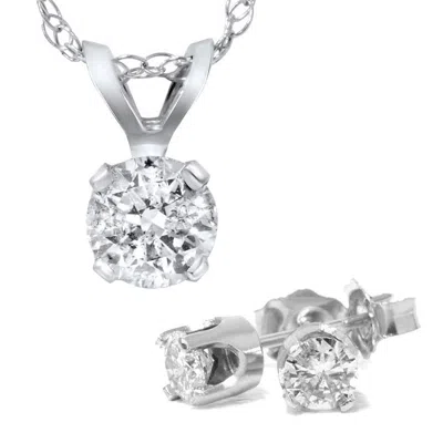 Pompeii3 1 5/8 Carat Diamond Solitaire Necklace & Studs Earrings Set 14k White Gold In Silver