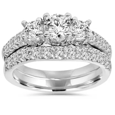 Pompeii3 1 5/8ct Diamond Engagement 3-stone Ring & Matching Wedding Band 14k White Gold In Multi