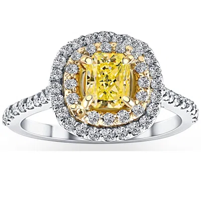 Pompeii3 1 5/8ct Diamond Fancy Yellow Cushion Engagement Ring 14k Gold Sz 7