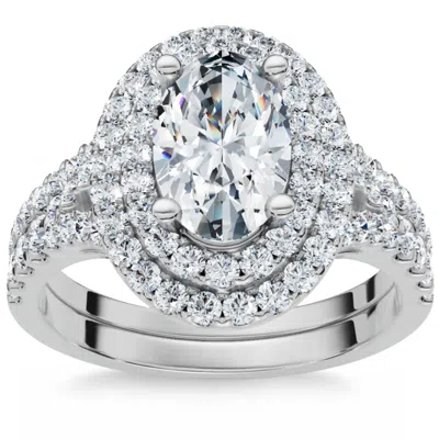 Pompeii3 1 5/8ct Oval Double Halo Diamond Engagement Ring Set 14k Gold Lab Grown In Multi