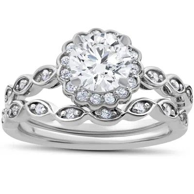 Pompeii3 1 Carat D Vs2 Enhanced Halo Diamond Engagement Ring Set Round Cut 14k White Gold In Multi