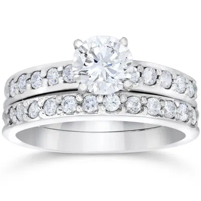 Pompeii3 1 Carat Diamond Engagement Ring Matching Wedding Band Prong Set 14k White Gold In Silver