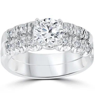 Pompeii3 1 Carat Diamond Engagement Ring Matching Wedding Band Prong Set 14k White Gold In Silver