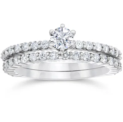 Pompeii3 1 Carat Diamond Engagement Wedding Ring Set 10k White Gold In Silver