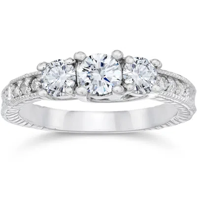 Pompeii3 1 Carat Vintage 3-stone Diamond Engagement Anniversary Ring 10k White Gold In Silver