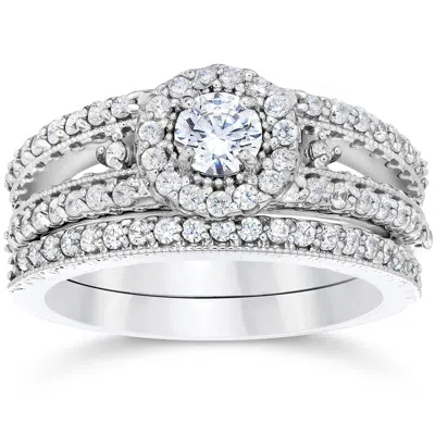 Pompeii3 1 Carat Vintage Halo Diamond Engagement Wedding Ring Set 14k White Gold In Silver