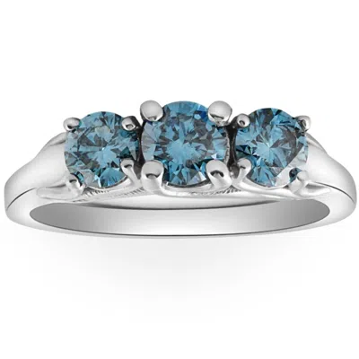 Pompeii3 1 Ct Blue Diamond 3-stone Engagement Anniversary Ring Lab Grown In White Or Gold
