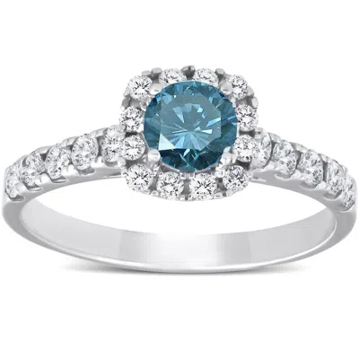 Pompeii3 1 Ct Blue Diamond Cushion Halo Engagement Ring 14k White Gold In Multi
