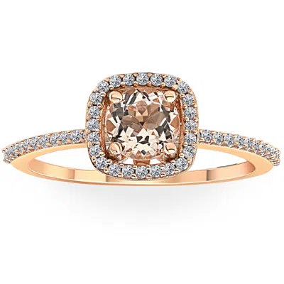Pompeii3 1 Ct Cushion Halo 6mm Morganite & Diamond Rose Gold Engagement Anniversary Ring In Multi