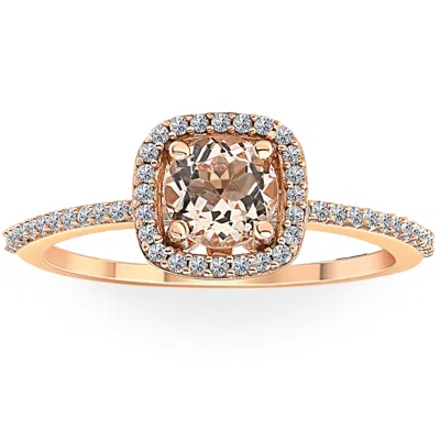 Pompeii3 1 Ct Cushion Halo 6mm Morganite & Diamond Rose Gold Engagement Anniversary Ring In Silver