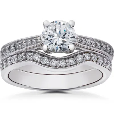 Pompeii3 1 Ct Diamond Lab Grown Eco Friendly Vintage Engagement Ring & Wedding Band 14k In Silver