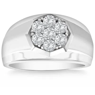 Pompeii3 1 Ct Diamond Ring Men's Cluster Hexagon Band In 10k White Or Yellow Gold In Silver