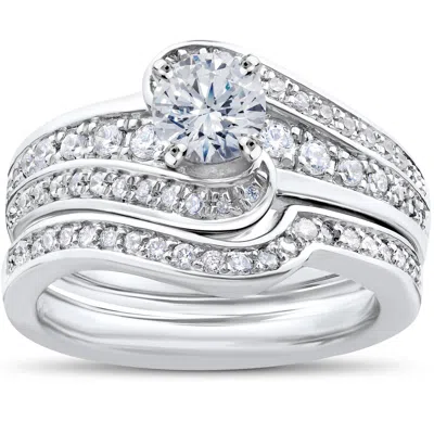 Pompeii3 1 Ct Diamond Round Solitaire Engagement Ring Wedding Band Set 14k White Gold Set In Silver
