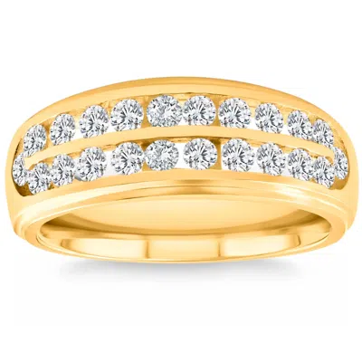 Pompeii3 1 Ct Lab Grown Diamond Mens Double Row Wedding Ring 10k Yellow Gold In Silver