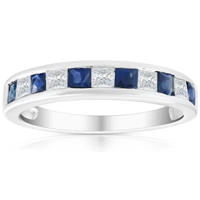 Pompeii3 1 Ct Princess Cut Blue Sapphire & Diamond Ladies Wedding Ring 14k White Gold In Multi