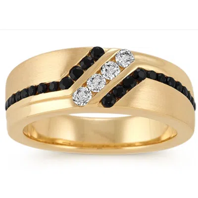 Pompeii3 1 Ct Tw Mens Black & White Diamond Wedding Band 10k Yellow Gold Ring