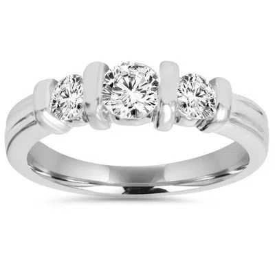 Pompeii3 1 Cttw 3-stone Natural Diamond Engagement Ring Bar Set 10k White Gold Band In Silver