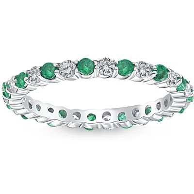 Pompeii3 1 Cttw Emerald & Diamond Wedding Eternity Stackable Ring 10k White Gold In Green