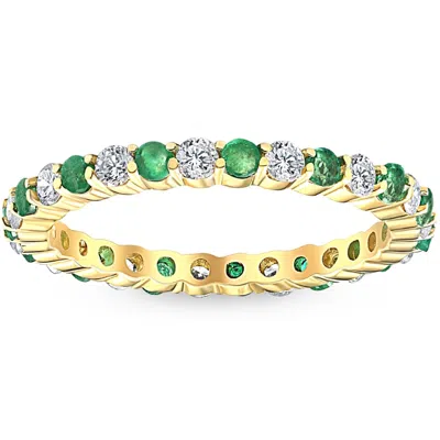 Pompeii3 1 Cttw Emerald & Diamond Wedding Eternity Stackable Ring 10k Yellow Gold In Green