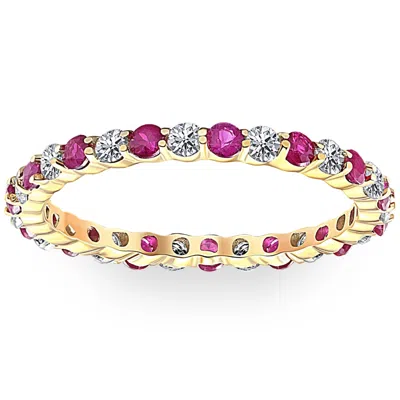 Pompeii3 1 Cttw Ruby & Diamond Wedding Eternity Stackable Ring 10k Yellow Gold In Pink