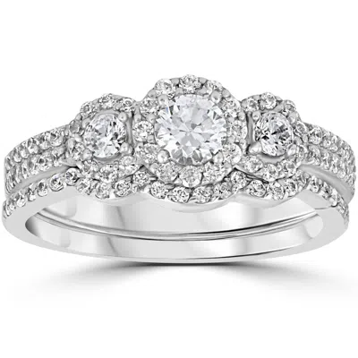Pompeii3 1.00ct 3-stone Diamond Engagement Wedding Ring Set 10k White Gold In Silver