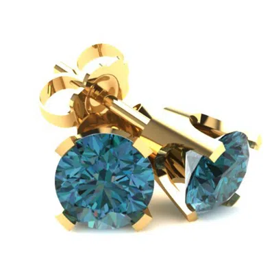 Pompeii3 1.00ct Round Brilliant Cut Heat Treated Blue Diamond Stud Earrings In 14k Gold Classic Setting In Green