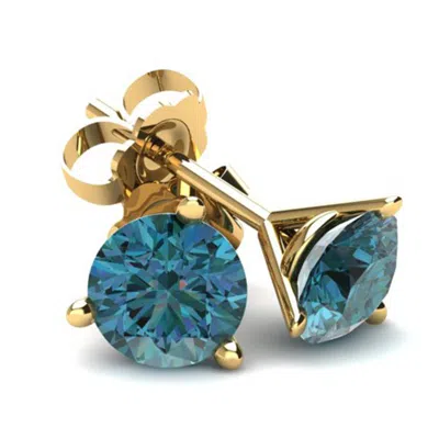 Pompeii3 1.00ct Round Brilliant Cut Heat Treated Blue Diamond Stud Earrings In 14k Gold Martini Setting