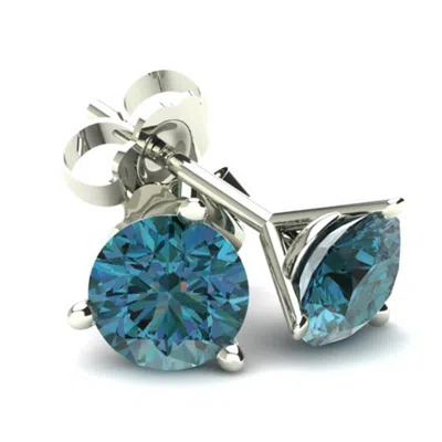 Pompeii3 1.00ct Round Brilliant Cut Heat Treated Blue Diamond Stud Earrings In 14k Gold Martini Setting In White