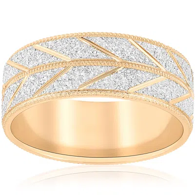 Pompeii3 10k Gold Men's Comfort-fit Wedding Band Stone Finish And Cuts 8mm Two Tone In White