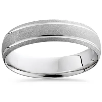 Pompeii3 10k White Gold Mens Brushed Double Inlay Wedding Band In Silver
